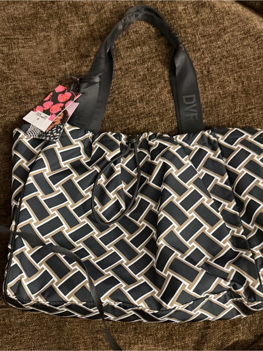 Diane Von Furstenberg Black and Cream Interlocking Geometric Tote